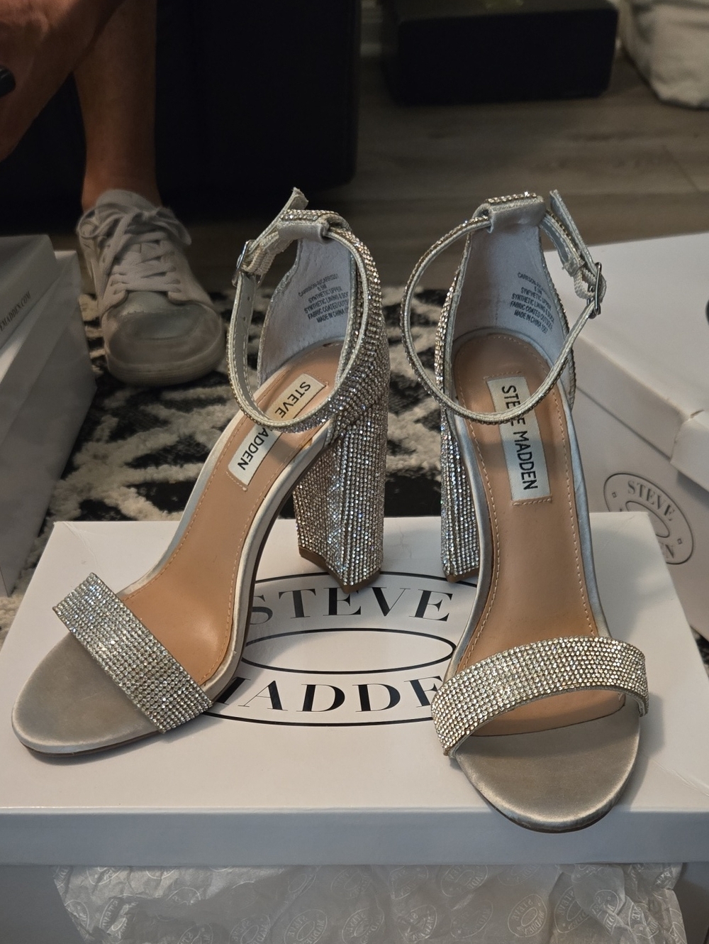 Steve Madden Silver Crystal Embellished Block Heel Sandals